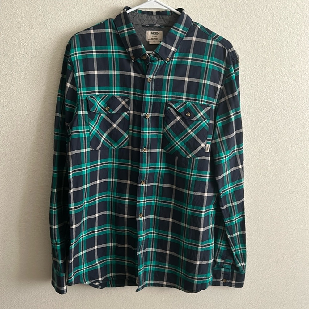 Vans NWOT Mens Long Sleeve Cotton Blue/Green Plaid Button Down Shirt... Size:L